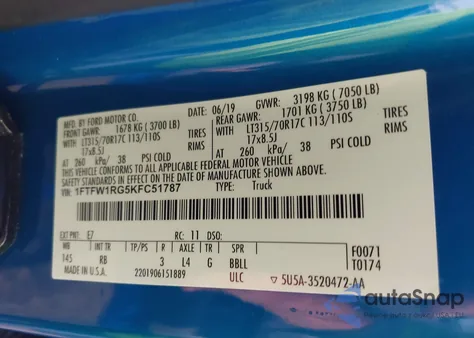 2019 Ford F-150 Raptor из США, поврежденный, VIN 1FTFW1RG5KFC51787